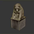 Stone Bear Sculpture Seated On Square Pedestal With Detailed Facial Features And Textured Surface