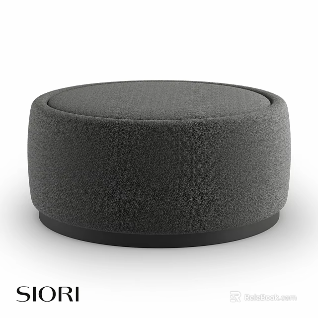 Stylish Modern Gray Round Ottoman With Fabric Upholstery And Black Base 3d model 