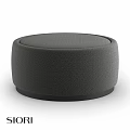 Stylish Modern Gray Round Ottoman With Fabric Upholstery And Black Base