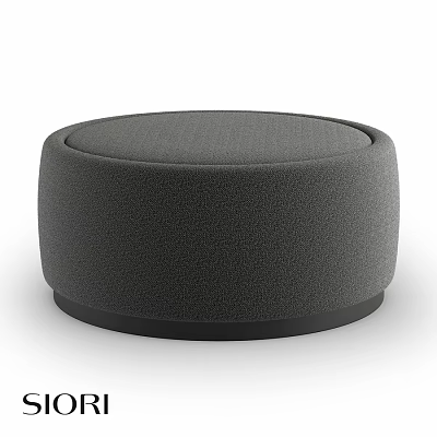 Stylish Modern Gray Round Ottoman With Fabric Upholstery And Black Base 3d model