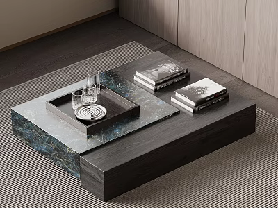 Modern Wooden Coffee Table With Marble Tray Glass Cups And Stacked Books 3d model