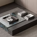 Modern Wooden Coffee Table With Marble Tray Glass Cups And Stacked Books