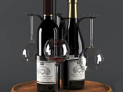 Two Red Wine Bottles With Wine Glass And Hanging Glasses On Wooden Tray 3d model