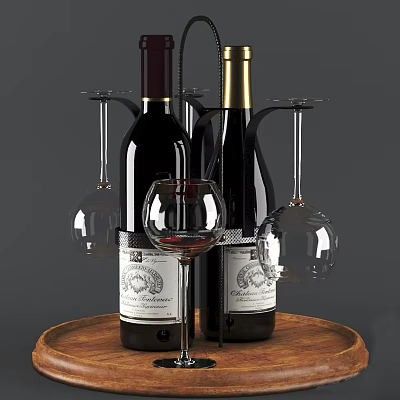 Two Red Wine Bottles With Wine Glass And Hanging Glasses On Wooden Tray 3d model Two Red Wine Bottles With Wine Glass And Hanging Glasses On Wooden Tray 3d model