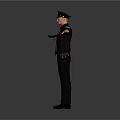 Police Man Wearing Uniform And Hat Standing With Arms Outstretched And Equipment On Gray Background
