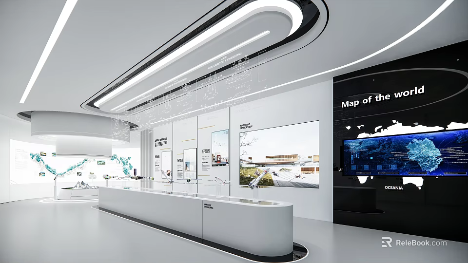 Modern Exhibition Hall Interior Design With Glass Display Counter World Map Screen And Ceiling Lighting 3d model 