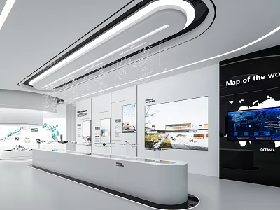 Modern Exhibition Hall Interior Design With Glass Display Counter World Map Screen And Ceiling Lighting 3d model