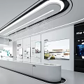 Modern Exhibition Hall Interior Design With Glass Display Counter World Map Screen And Ceiling Lighting