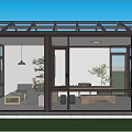 Bright Sunroom Interior With Glass Windows Roof Sofa Table Plants Green Lawn And Mountains