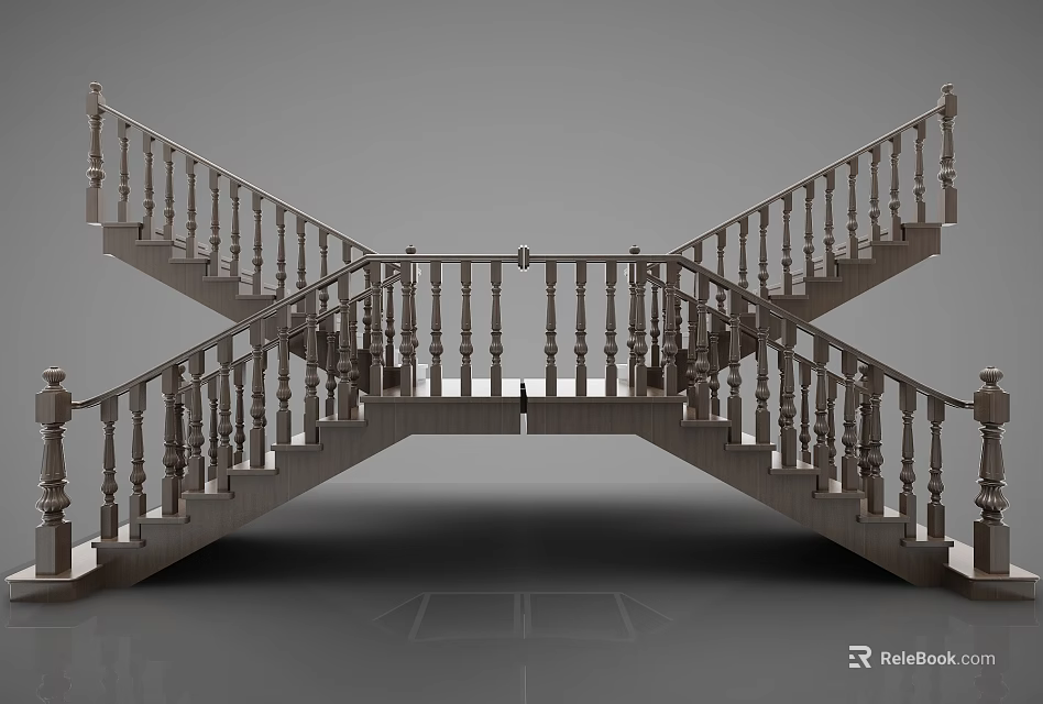 Elegant Classic Double Flight Staircase With Ornate Railings And Stone Steps 3d model