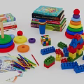 Colorful Building Blocks With Various Shapes Stacked Books Colored Pencils And Kids Toys