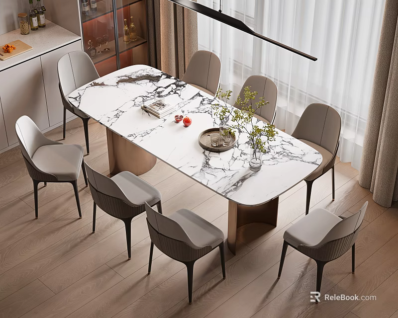 Modern Dining Table Set With Marble Top Grey Chairs And Decorative Plants 3d model