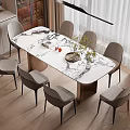 Modern Dining Table Set With Marble Top Grey Chairs And Decorative Plants 3d model