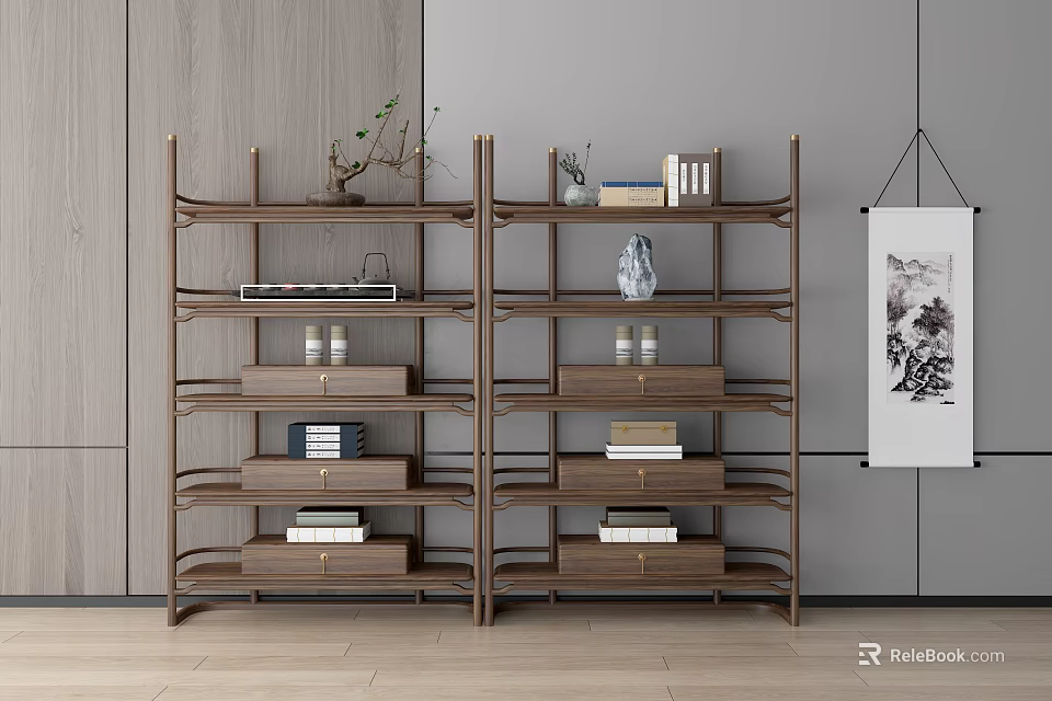 Wooden Display Shelves With Decorative Vases Books And Artwork In Modern Room 3d model 