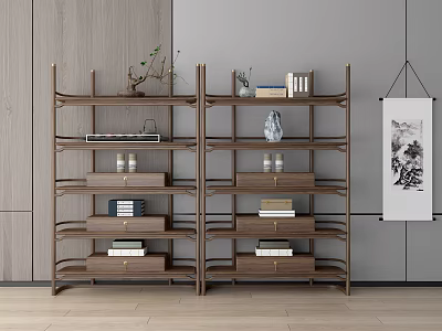 Wooden Display Shelves With Decorative Vases Books And Artwork In Modern Room 3d model