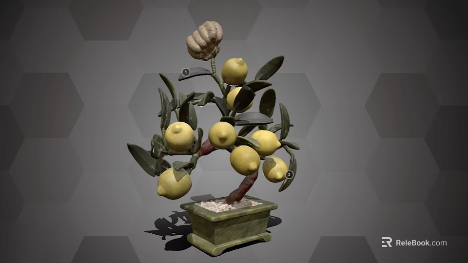 Decorative Bonsai Plant With Yellow Fruits Green Leaves And Hand Decoration In Square Pot 3d model 