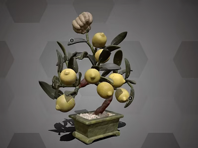 Decorative Bonsai Plant With Yellow Fruits Green Leaves And Hand Decoration In Square Pot 3d model