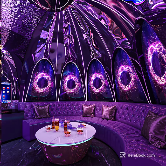 Modern KTV Lounge With Purple Lighting Arched Structures Neon Rings Sofas Table Drinks And Fruits 3d model 