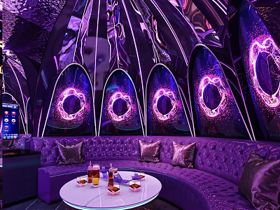 Modern KTV Lounge With Purple Lighting Arched Structures Neon Rings Sofas Table Drinks And Fruits 3d model