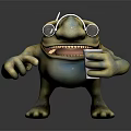 Cartoon Style Monster Sculpture Carving With Blue Green Color Large Eyes Long Nose Holding Cup