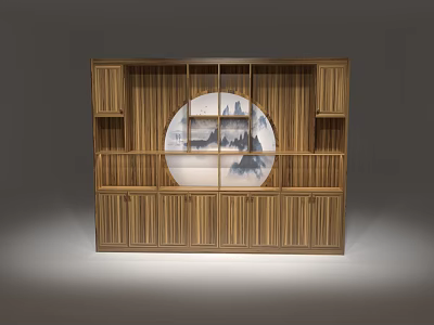 Traditional Chinese Wooden Display Shelf Design Featuring Circular Panel And Layered Compartments 3d model