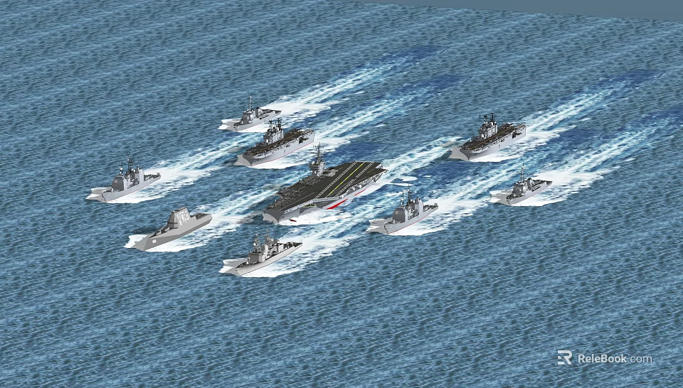Multiple Warships Sailing on the Sea with Main Vessel Small Crafts Leaving White Wake 3d model 