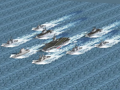 Multiple Warships Sailing on the Sea with Main Vessel Small Crafts Leaving White Wake 3d model