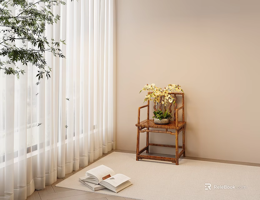 Minimalist Indoor Corner With White Curtains Green Plant Wooden Chair Yellow Flowers Open Book 3d model 