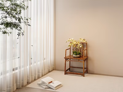 Minimalist Indoor Corner With White Curtains Green Plant Wooden Chair Yellow Flowers Open Book 3d model