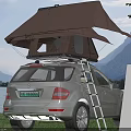 Stunning Mountain Lake Scenery With Silver SUV Roof Tent On Grassland