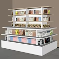 Modern Multi tiered White Retail Display Shelves with Various Packaged Products on Multiple Layers 3d model