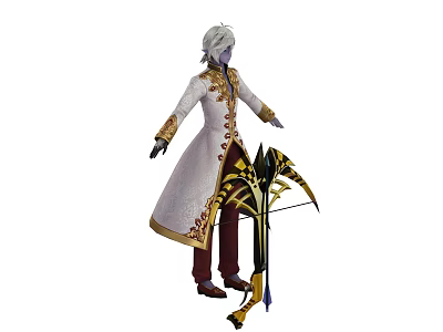 Game and Movie Character With Long White Hair White Robe Golden Trim and Decorative Bow 3d model