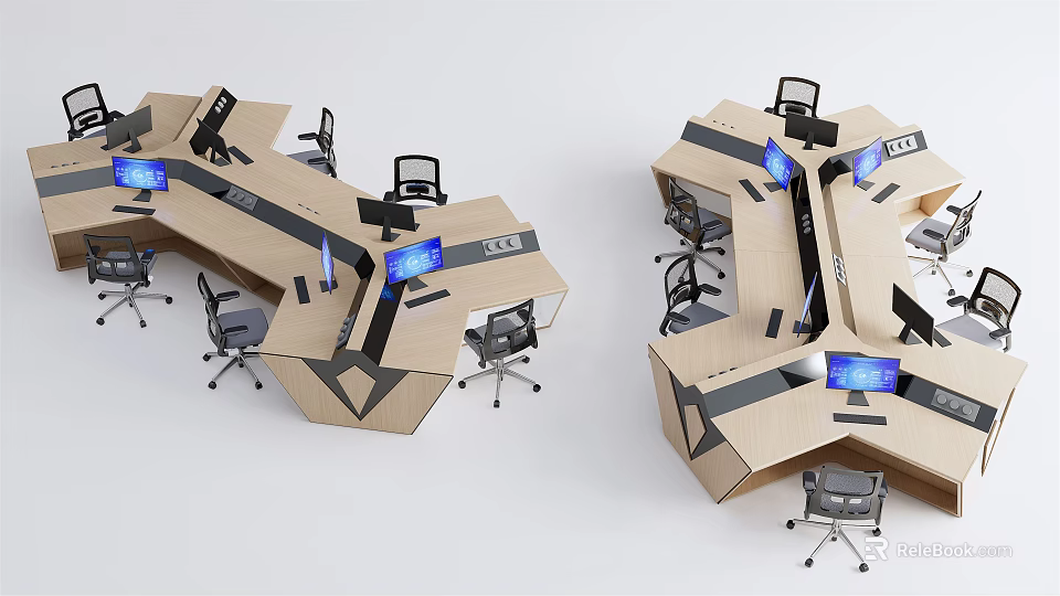 Creative Hexagonal Office Workstations with Multiple Desks Computer Monitors and Office Chairs 3d model 