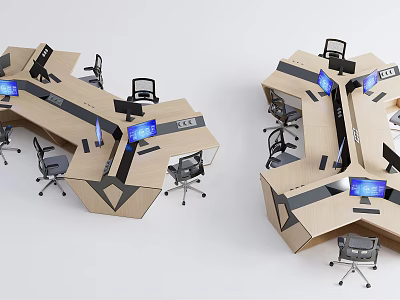 Creative Hexagonal Office Workstations with Multiple Desks Computer Monitors and Office Chairs 3d model