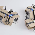 Creative Hexagonal Office Workstations with Multiple Desks Computer Monitors and Office Chairs