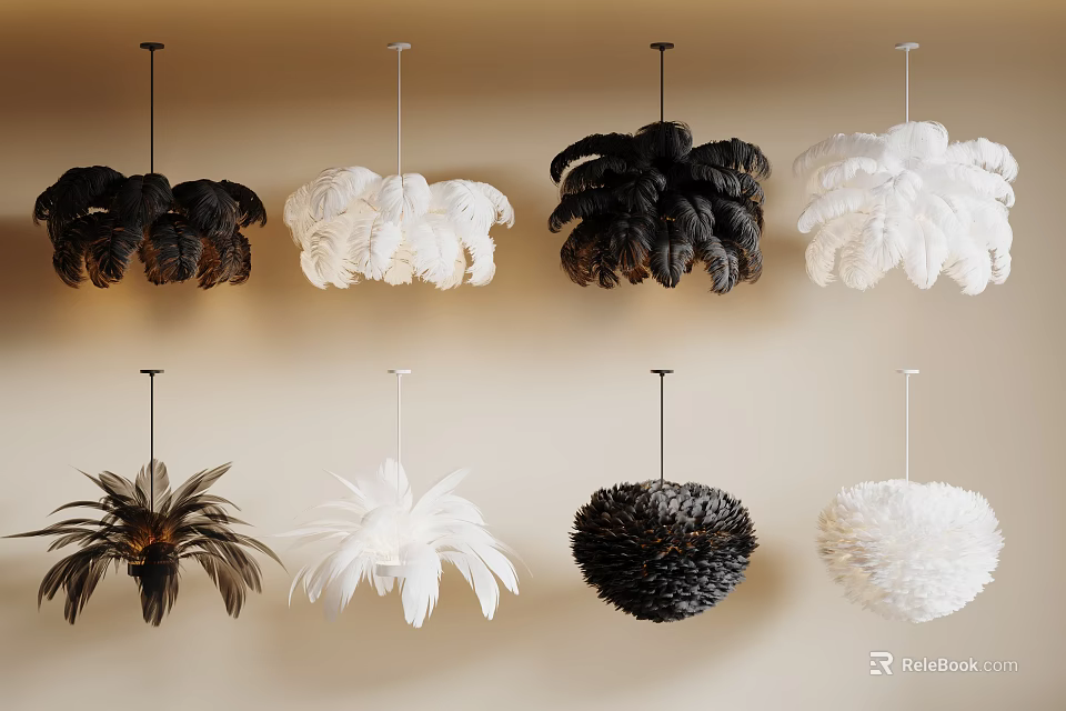 Stylish Black And White Feather Chandeliers For Modern Interior Decor 3d model 