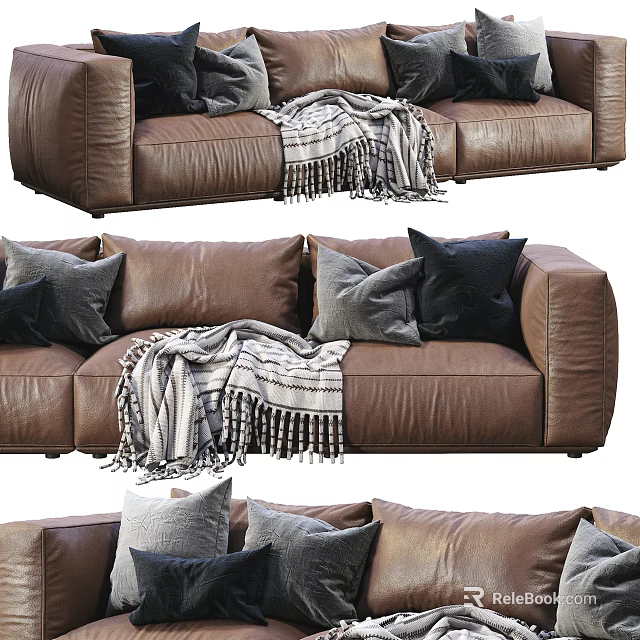Brown Three Seater Leather Sofa With Gray Black Pillows And Striped Blanket 3d model 