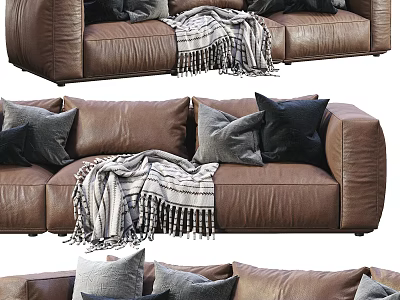 Brown Three Seater Leather Sofa With Gray Black Pillows And Striped Blanket 3d model