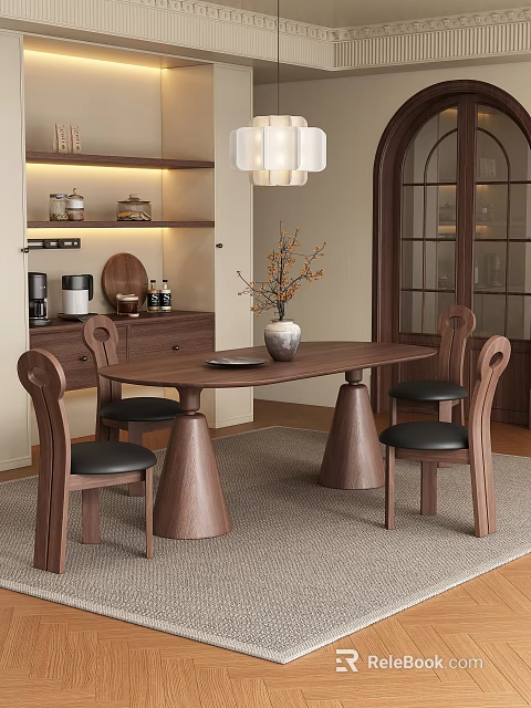 Modern Restaurant Dining Space With Wooden Table Chairs Pendant Light And Decorative Vase 3d model 