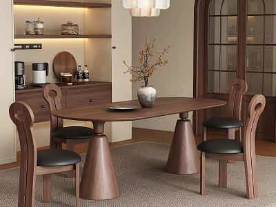 Modern Restaurant Dining Space With Wooden Table Chairs Pendant Light And Decorative Vase 3d model