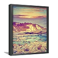 Two Framed Landscape Paintings With Sunset Rocky Shore Lake Mountains And Grassland Trees