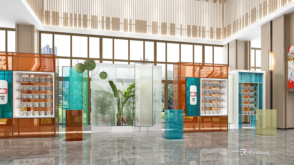 Modern Showroom Interior Design With Glass Partitions Display Cabinets And Green Plants 3d model 
