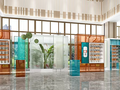 Modern Showroom Interior Design With Glass Partitions Display Cabinets And Green Plants 3d model
