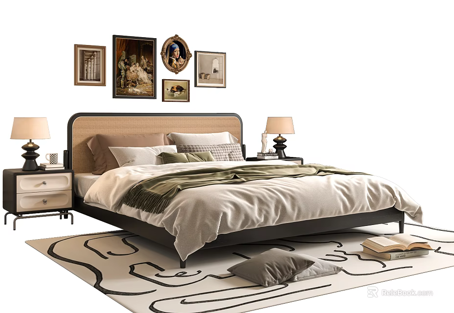 Double Bed with Rattan Headboard White Bedspread Green Blanket Bedside Tables Table Lamps Wall Art 3d model 