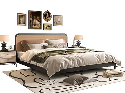 Double Bed with Rattan Headboard White Bedspread Green Blanket Bedside Tables Table Lamps Wall Art 3d model