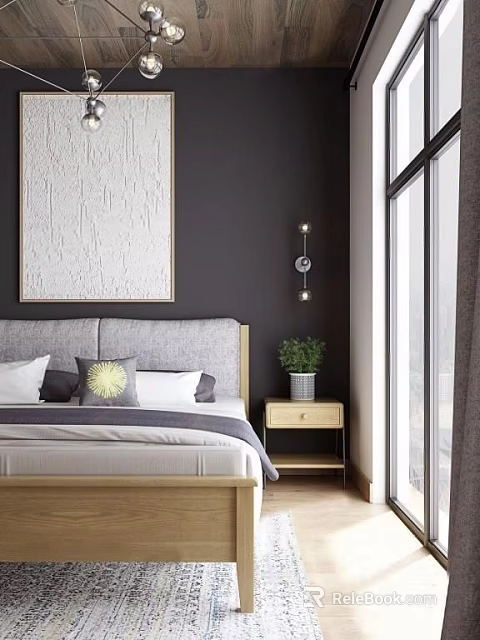 Modern Double Bed Interior With Gray Headboard Pillows Abstract Painting And Wall Lamp 3d model 