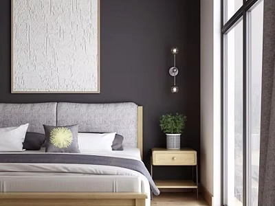 Modern Double Bed Interior With Gray Headboard Pillows Abstract Painting And Wall Lamp 3d model