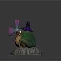A Wizard Frog Wearing Pointed Hat Holding Magic Staff Sitting On Rock 3d model