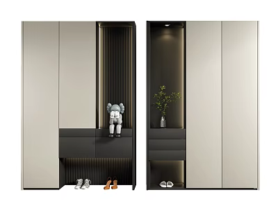 Modern Shoe Cabinet With Mirror Doors Storage Space And Decorative Plush Toy Potted Plant 3d model