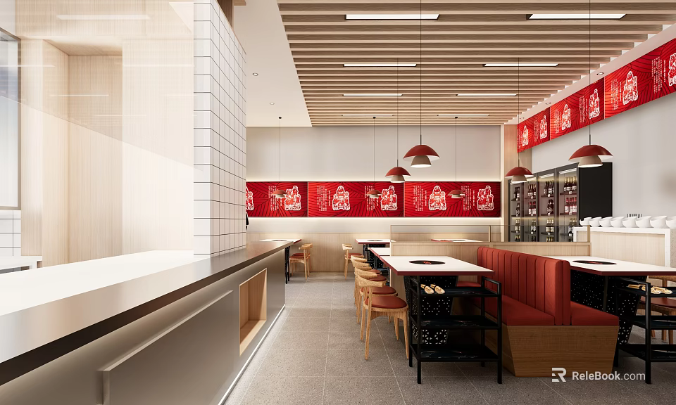 Modern Hot Pot Restaurant Interior With Red Decor Pendant Lights And Comfortable Seating 3d model 